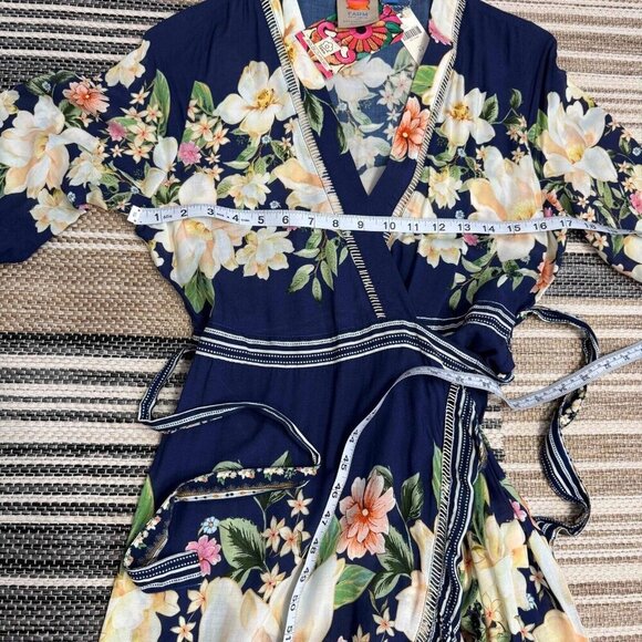 Farm Rio Anthropologie Midnight‎ Flower Wrap Dress 3/4 Sleeves Blue SP - Picture 13 of 16